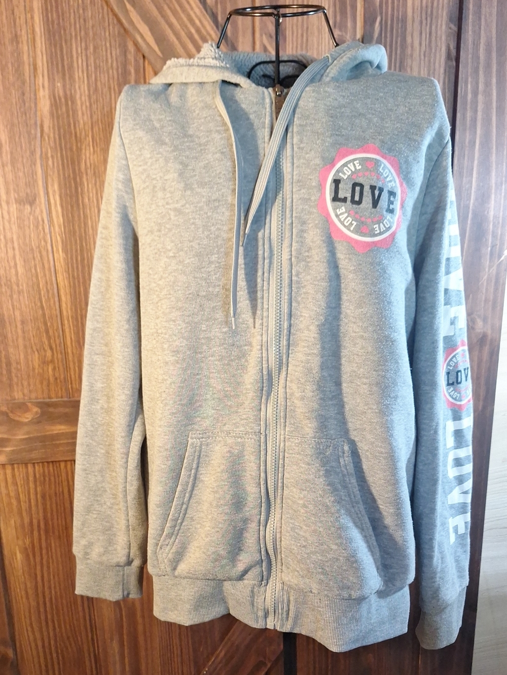 Women's Gray Zip-Up Hoodie Jacket - Sherpa Lined